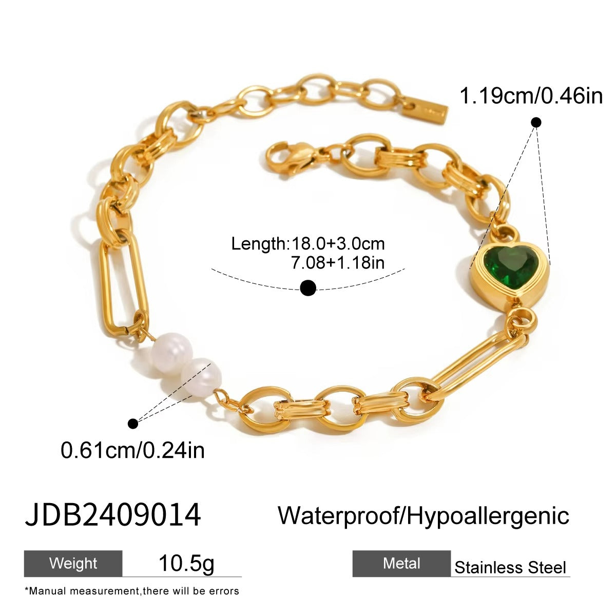 Pulseras acero inoxidable en oro de 18 K, con perlas de agua dulce y perforaciones de agua, con corazón verde