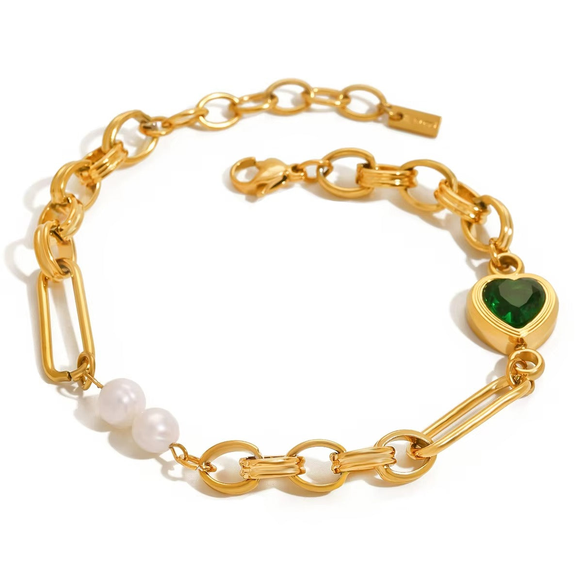Pulseras acero inoxidable en oro de 18 K, con perlas de agua dulce y perforaciones de agua, con corazón verde